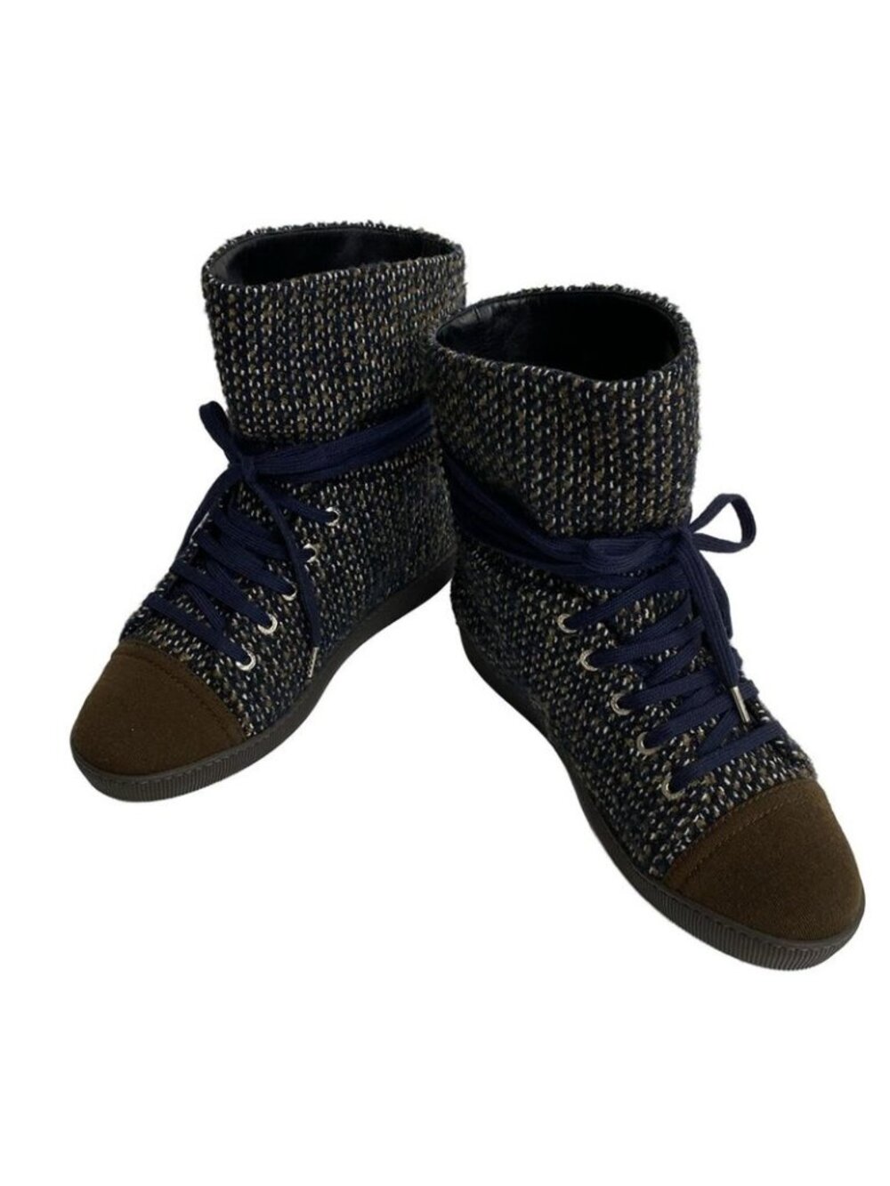 Chanel Sneakers 36.5 Dark Navy Dark Brown White Tweed High Cut Cotton - Picture 2 of 9